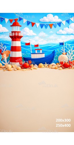 Tło fotograficzne „Morska latarnia i łódka – bajkowa nadmorska przygoda” | UB_789